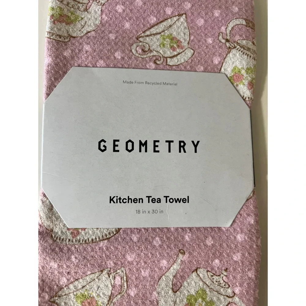 Geometry‎ Kitchen Tea Towels Tea Cups Teapots Polka Dot Pink White NWT